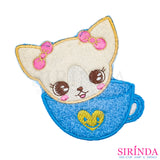 ตัวรีดการ์ตูนแมวตาแป๋วในถ้วย ตัวรีดติดเสื้อ อาร์มปักตกแต่ง DIY EMBROIDERY PATCH (00080486)