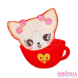 ตัวรีดการ์ตูนแมวตาแป๋วในถ้วย ตัวรีดติดเสื้อ อาร์มปักตกแต่ง DIY EMBROIDERY PATCH (00080486)