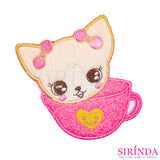 ตัวรีดการ์ตูนแมวตาแป๋วในถ้วย ตัวรีดติดเสื้อ อาร์มปักตกแต่ง DIY EMBROIDERY PATCH (00080486)