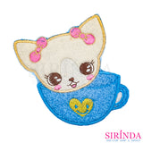 ตัวรีดการ์ตูนแมวตาแป๋วในถ้วย ตัวรีดติดเสื้อ อาร์มปักตกแต่ง DIY EMBROIDERY PATCH (00080486)